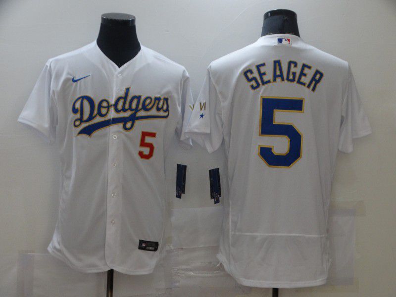 Cheap Men Los Angeles Dodgers 5 Swager Champion of white gold and blue characters Elite 2021 Nike MLB Jersey